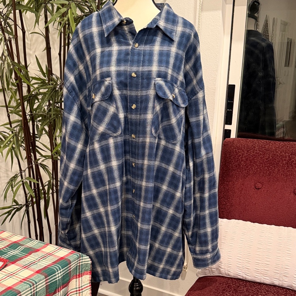 David Taylor Navy/Royal Blue and White Checkered Shirt Style Flannel